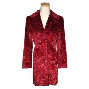 Vintage Bebe 90s Y2K Glam Red Faux Persian Lamb Button Up Collared Coat, Small